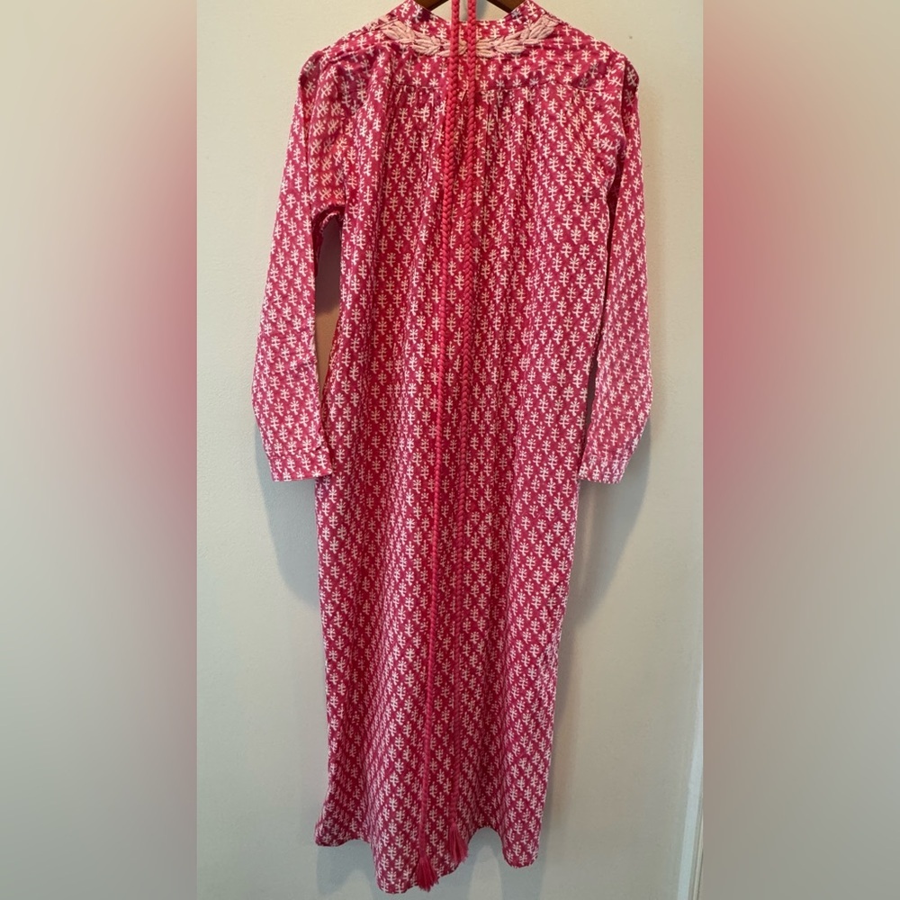 Pink Boho Embroidered Cotton Midi Dress Tassel Belt Beach Vacation XS EX VOTO - Picture 5 of 9